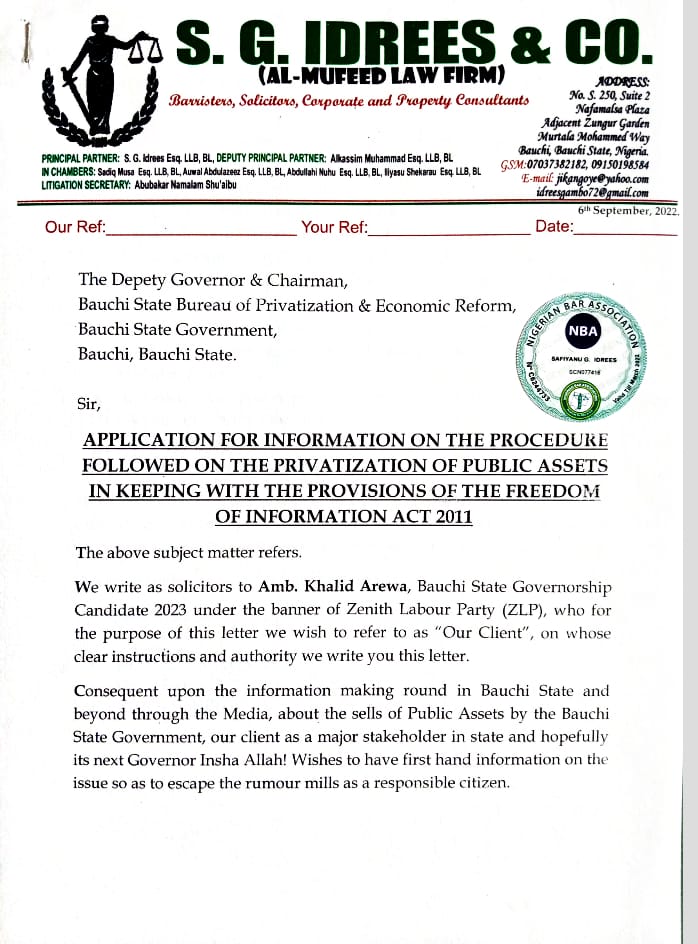 Freedom of Information Request On Privatization Of Public Assets In Bauchi 1