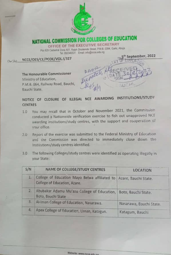 DOCUMENTS: List of 41 Institutions to be Closed Down in Bauchi 1