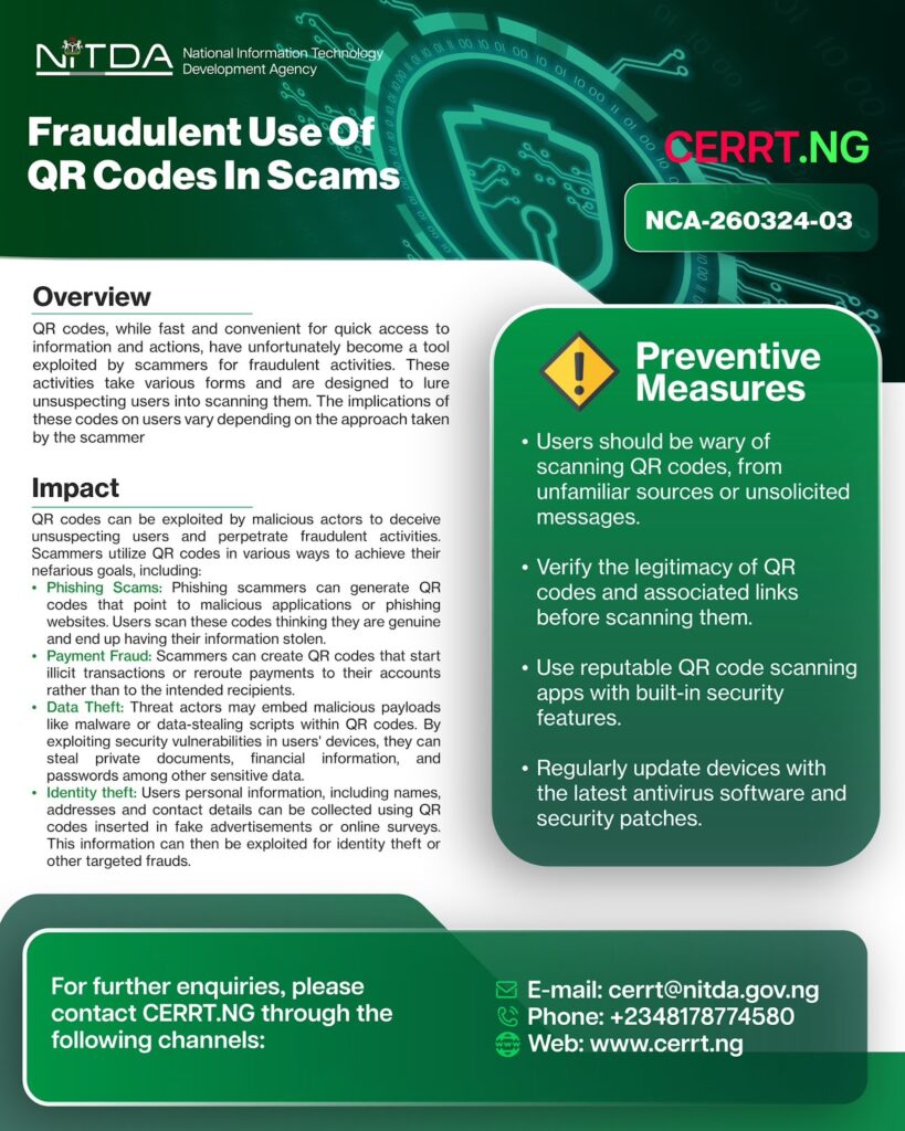The National Information Technology Development Agency (NITDA) has raised awareness about Fraud using QR Code